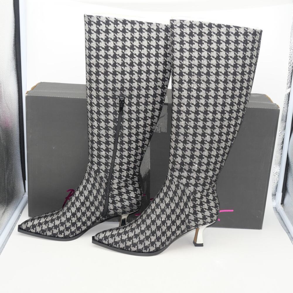 Betsey Johnson Women's 7 Pamella Boots Knee High Heel Black Silver Houndstooth - Picture 5 of 13